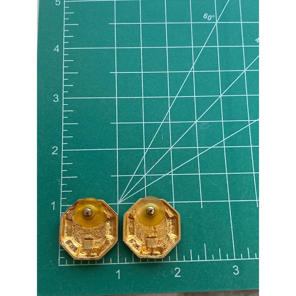Vintage Gold Tone Coin Clip On Earrings Rhinestone Accent Octagon Statement - Picture 5 of 5